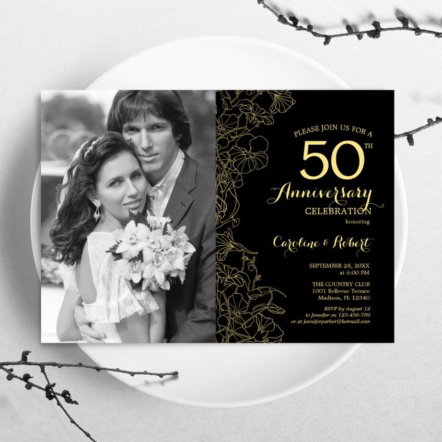 Invitation 50e anniversaire avec photo - Floral or noir (Créateur téléchargé)