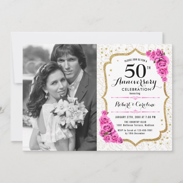 Invitation 50e Anniversaire avec Photo - Or Blanc Rose (Devant)