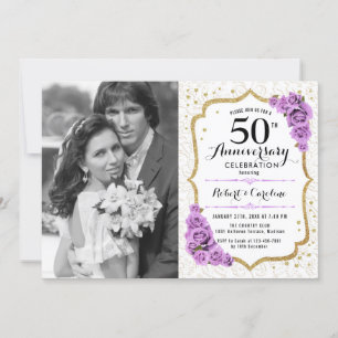 Invitation 50e Anniversaire avec Photo - Or Blanc Violet