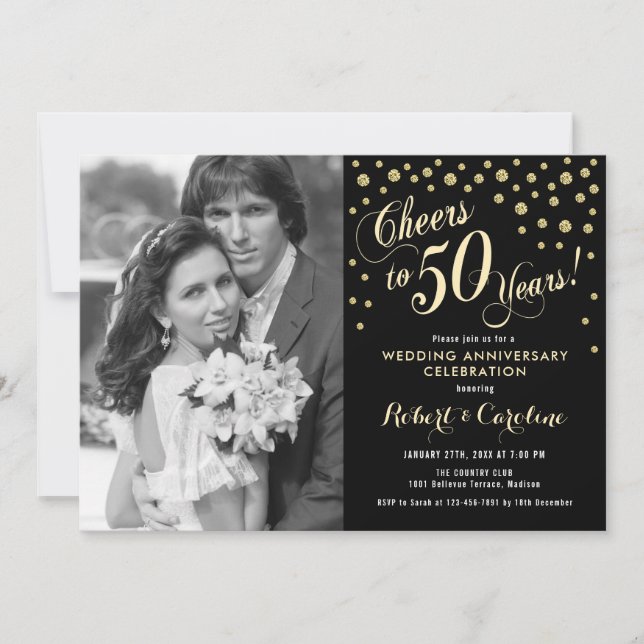 Invitation 50e anniversaire avec photo - Or Noir (Devant)