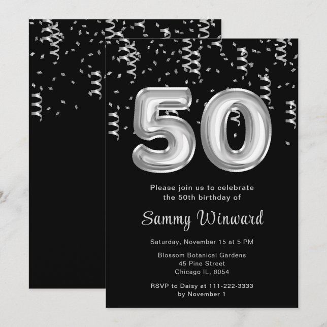 Invitation 50e anniversaire Ballons d'argent avec Confetti (Devant / Derrière)