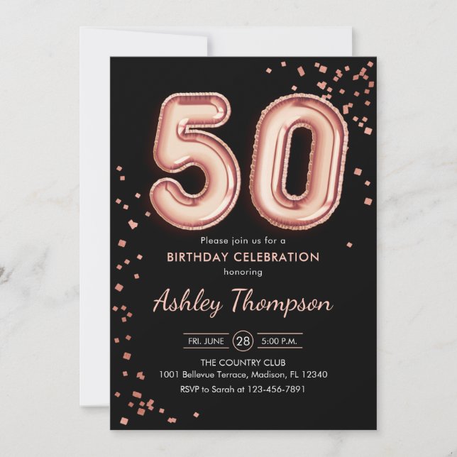 Invitation 50e anniversaire - Ballons d'or Rose Noir (Devant)
