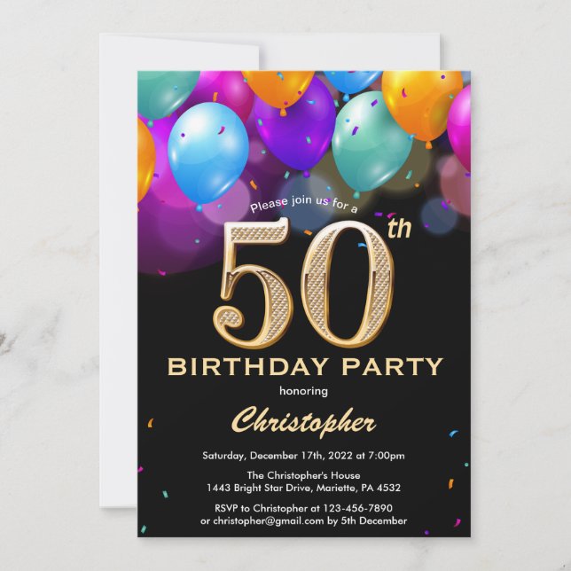 Invitation 50e anniversaire Ballons noirs et dorés (Devant)