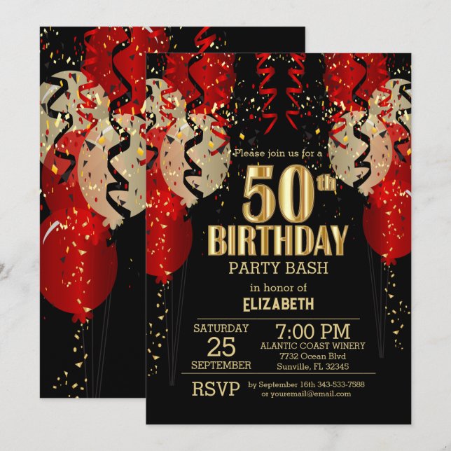 Invitation 50e anniversaire - Ballons rouges (Devant / Derrière)