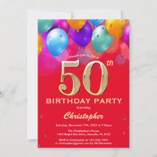 Invitation 50e anniversaire Ballons rouges et dorés