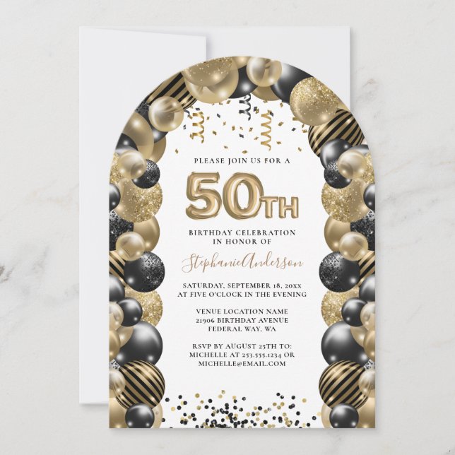 Invitation 50e Anniversaire Balloon Gold Black Sparkle (Devant)