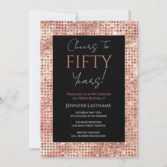 Invitation 50e anniversaire Black et Rose Gold Shimmer (Devant)