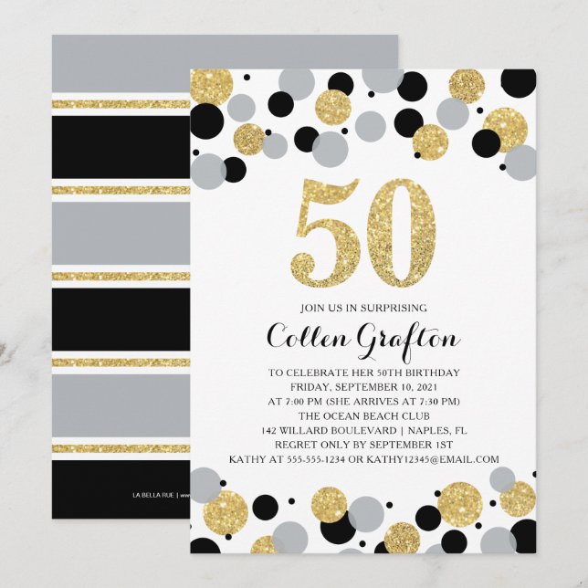 Invitation 50e anniversaire Black Gold Gris Parties scintilla (Devant / Derrière)