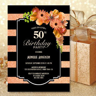 Invitation 50e anniversaire Black Striped Orange Floral Party
