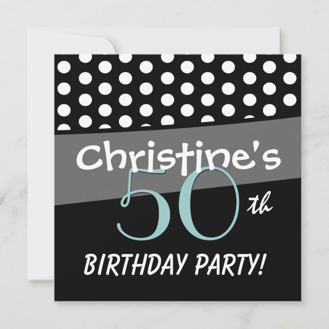 Invitation 50e anniversaire Black White Aqua Pois Metallic (Devant)