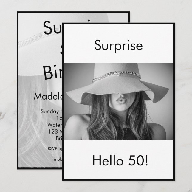 Invitation 50e anniversaire Black White Photo Surprise Elégan (Devant / Derrière)