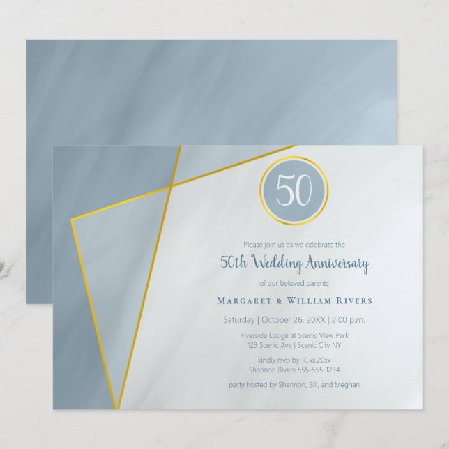 Invitation 50e anniversaire bleu poussiéreux avec cadre doré (Devant / Derrière)