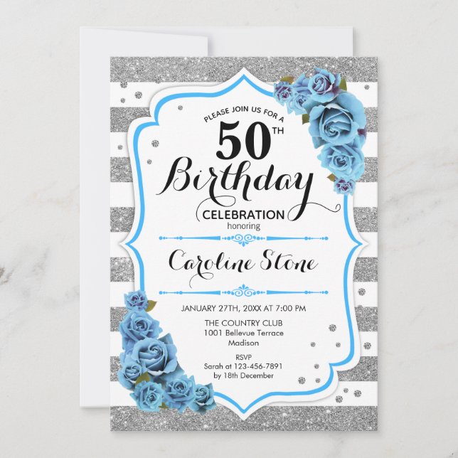 Invitation 50e anniversaire - Bleu Silver White Stripes (Devant)
