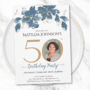 Invitation 50e anniversaire Blue Gold Floral Photo personnali