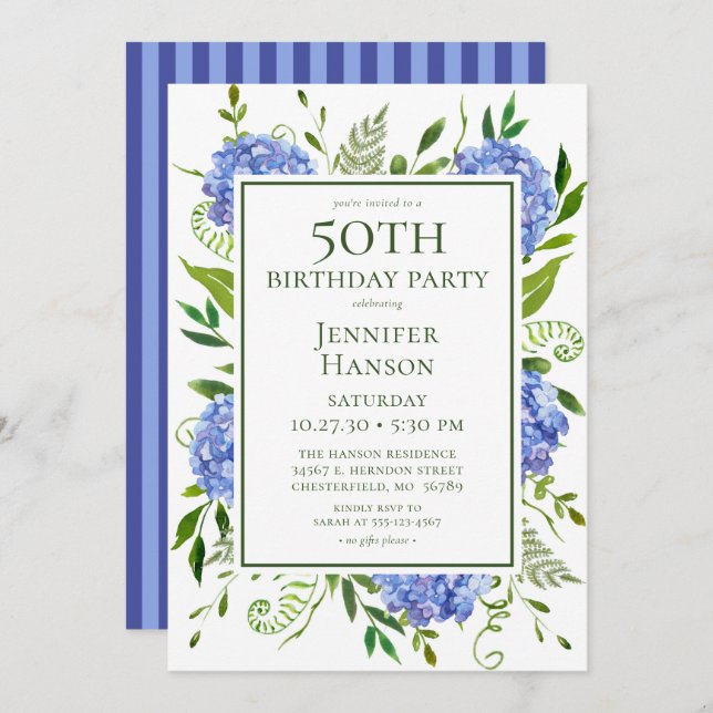 Invitation 50e anniversaire Blue Hydrangeas (Devant / Derrière)