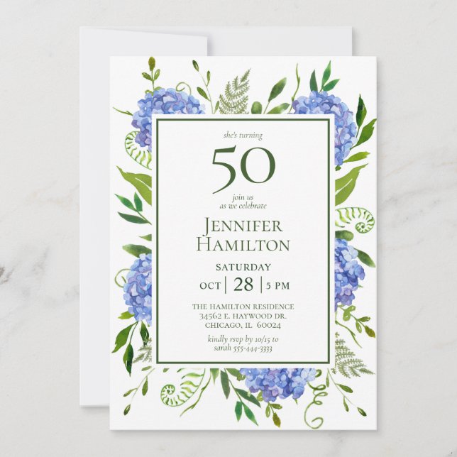 Invitation 50e anniversaire Blue Hydrangeas (Devant)