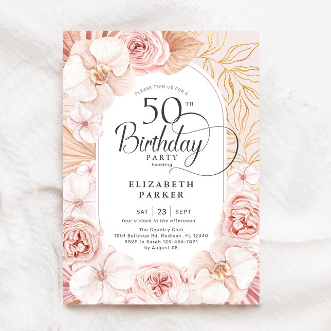 Invitation 50e anniversaire Blush Pink Gold Floral (Créateur téléchargé)