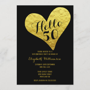 Invitation 50e anniversaire Bonjour 50 Noir   Cœur en faux or