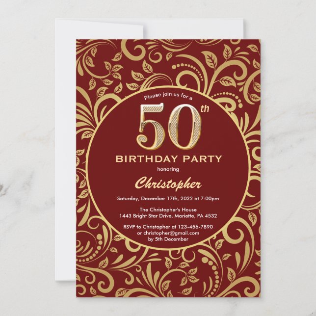 Invitation 50e anniversaire Bourgogne rouge et or modèle flor (Devant)