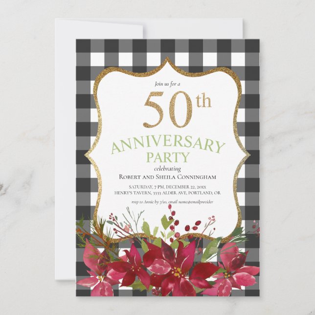 Invitation 50e anniversaire Buffalo à carreaux floral rouge f (Devant)