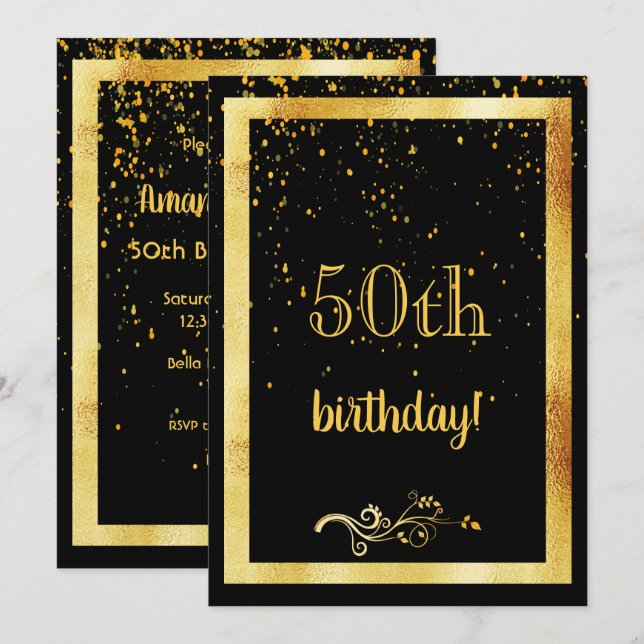 Invitation 50e anniversaire cadre or de fête noir (Devant / Derrière)