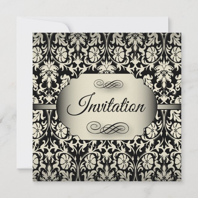Invitation 50e anniversaire| Champagne et Damas noir (Devant)