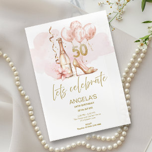 Invitation 50e Anniversaire, Champagne & talons rose & or