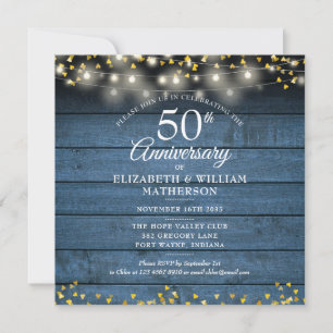 Invitation 50e Anniversaire Coeurs d'or Bleu Bois rustique
