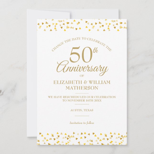 Invitation 50e Anniversaire Cœurs Dorés Changer la Date (Devant)