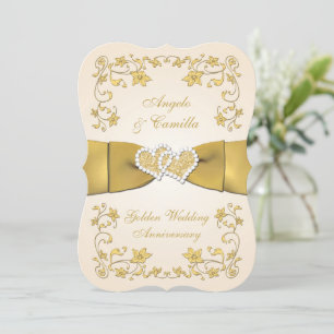 Invitation 50e Anniversaire Coeurs joints, Écru, Or