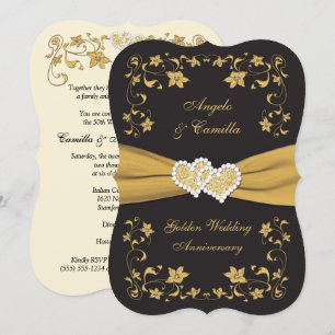 Invitation 50e Anniversaire Coeurs joints, Or d'ivoire noir