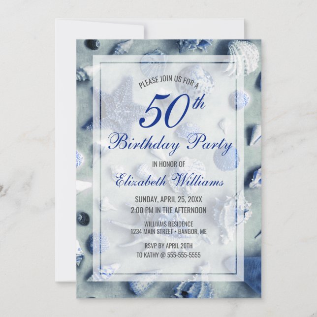 Invitation 50e Anniversaire Coquillages Bleus (Devant)