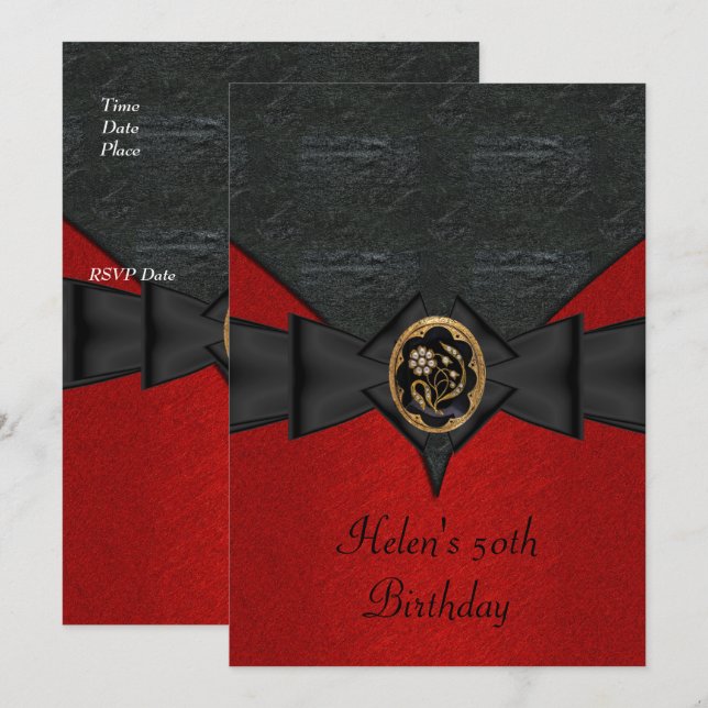 Invitation 50e Anniversaire Cuir Noir Rouge Bow bijou en or (Devant / Derrière)