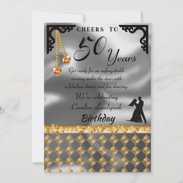 Invitation 50e Anniversaire Dance Party Argent Foil Orange He (Devant)