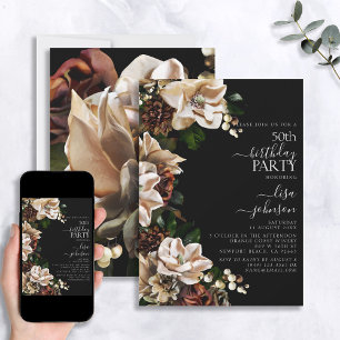 Invitation 50e anniversaire Dark Moody Neutral Magnolia Flora