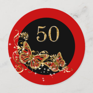 Invitation 50e anniversaire de femme or rouge des papillons