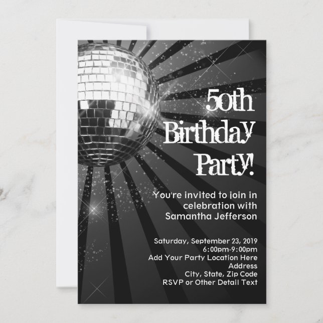 Invitation 50e anniversaire de fête Black Sparkle Disco Ball (Devant)