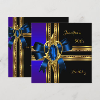 Invitation 50e Anniversaire de fête Bleu Coeur d'or Bijou