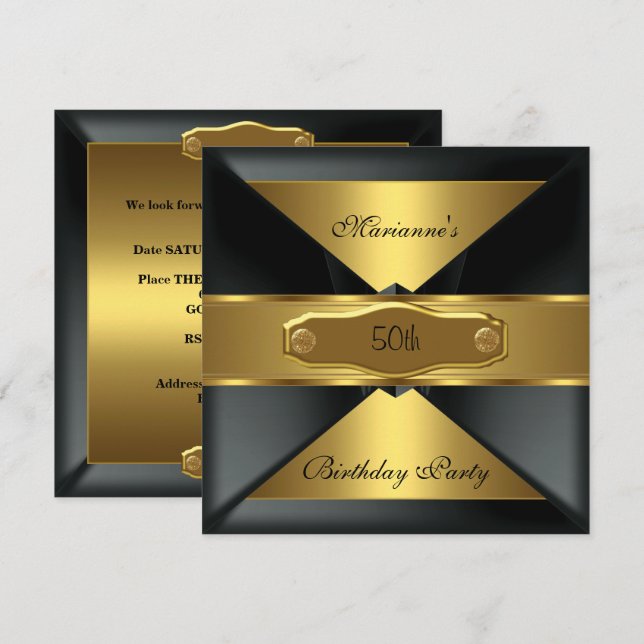 Invitation 50e anniversaire de fête Elegant Black Gold sur l' (Devant / Derrière)