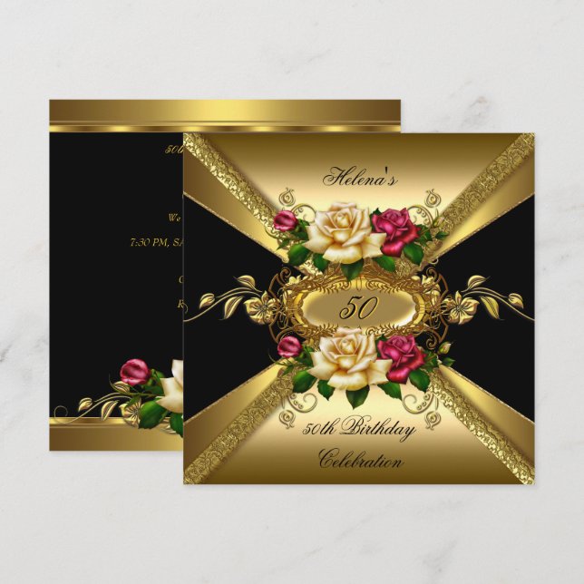 Invitation 50e anniversaire de fête Roses Red Cream Gold (Devant / Derrière)
