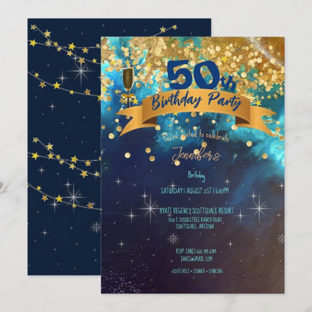 Invitation 50e Anniversaire de la fête Blue Gold Sparkles Cla (Devant / Derrière)