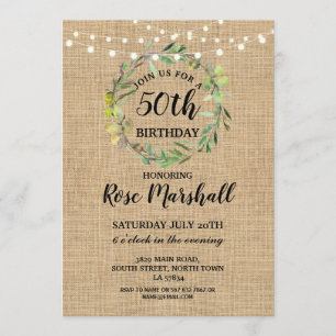 Invitation 50e anniversaire de la fête Burlap Green Wreath In