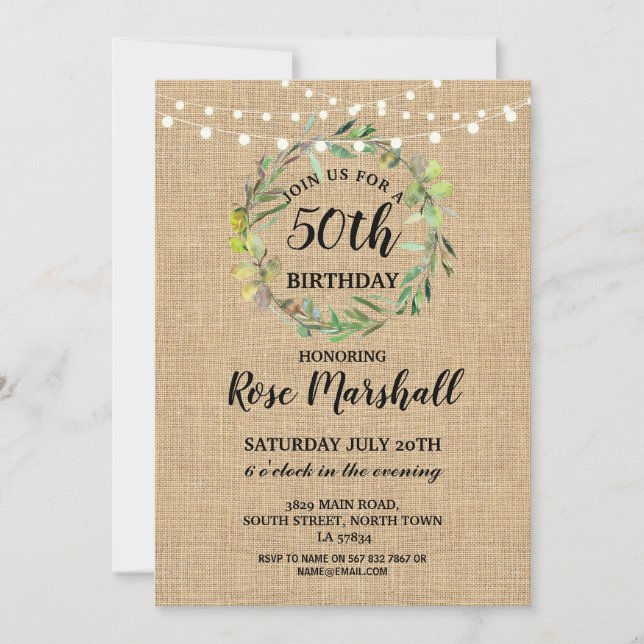 Invitation 50e anniversaire de la fête Burlap Vert Wreath Inv (Devant)