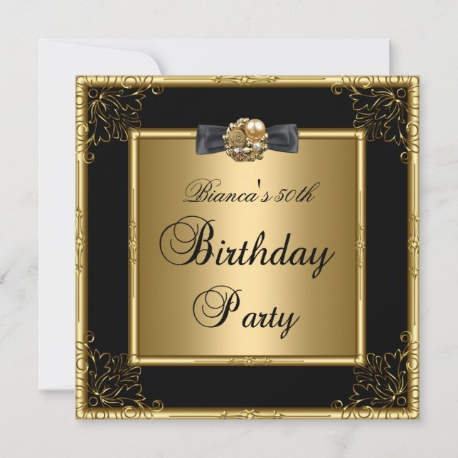 Invitation 50e anniversaire de la fête de Gold Black Floral (Devant)