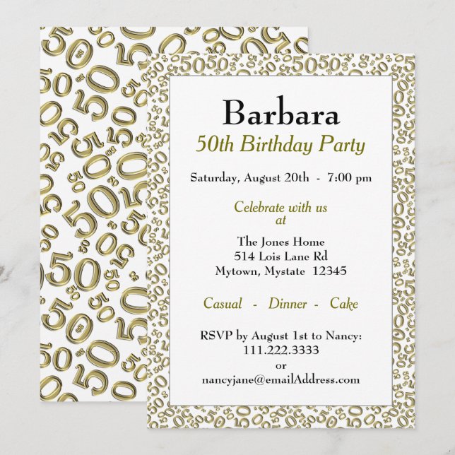 Invitation 50e anniversaire de la fête Gold/Blanc Motif numér (Devant / Derrière)