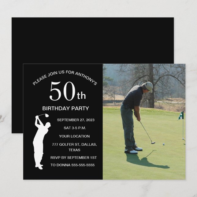 Invitation 50e Anniversaire de la fête Golfer Black Par Golf  (Devant / Derrière)