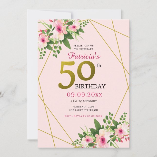 Invitation 50e anniversaire de la florale moderne rose et or (Devant)