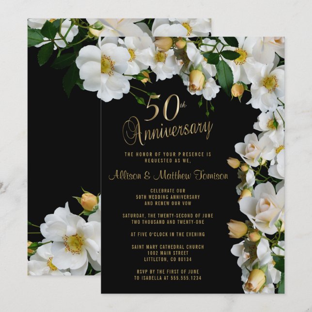 Invitation 50e anniversaire de la florale noire et blanche (Devant / Derrière)