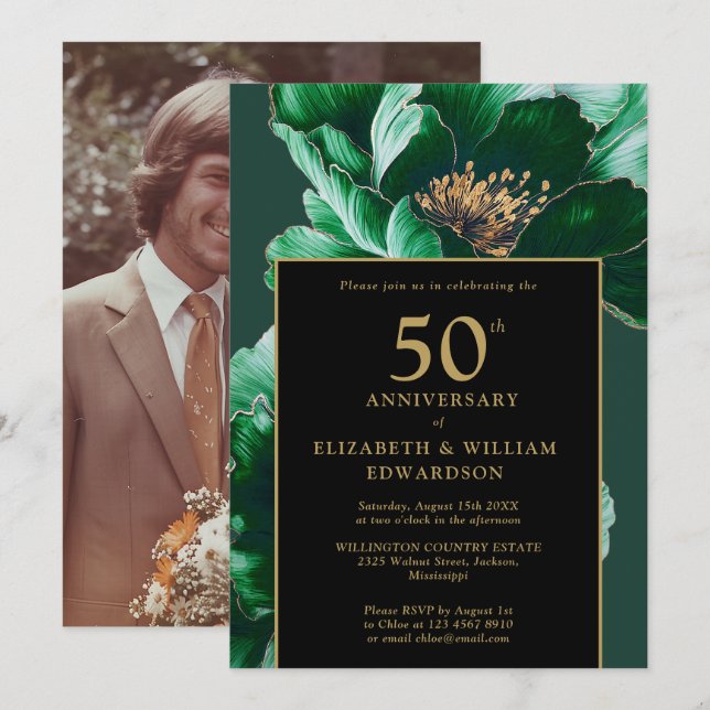 Invitation 50e anniversaire de la florale verte noire et or (Devant / Derrière)