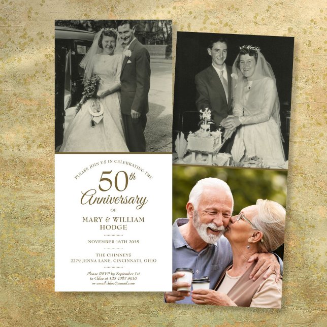 Invitation 50e anniversaire de mariage 3 photos (50th Golden Wedding Anniversary 3 Photo Invitation)